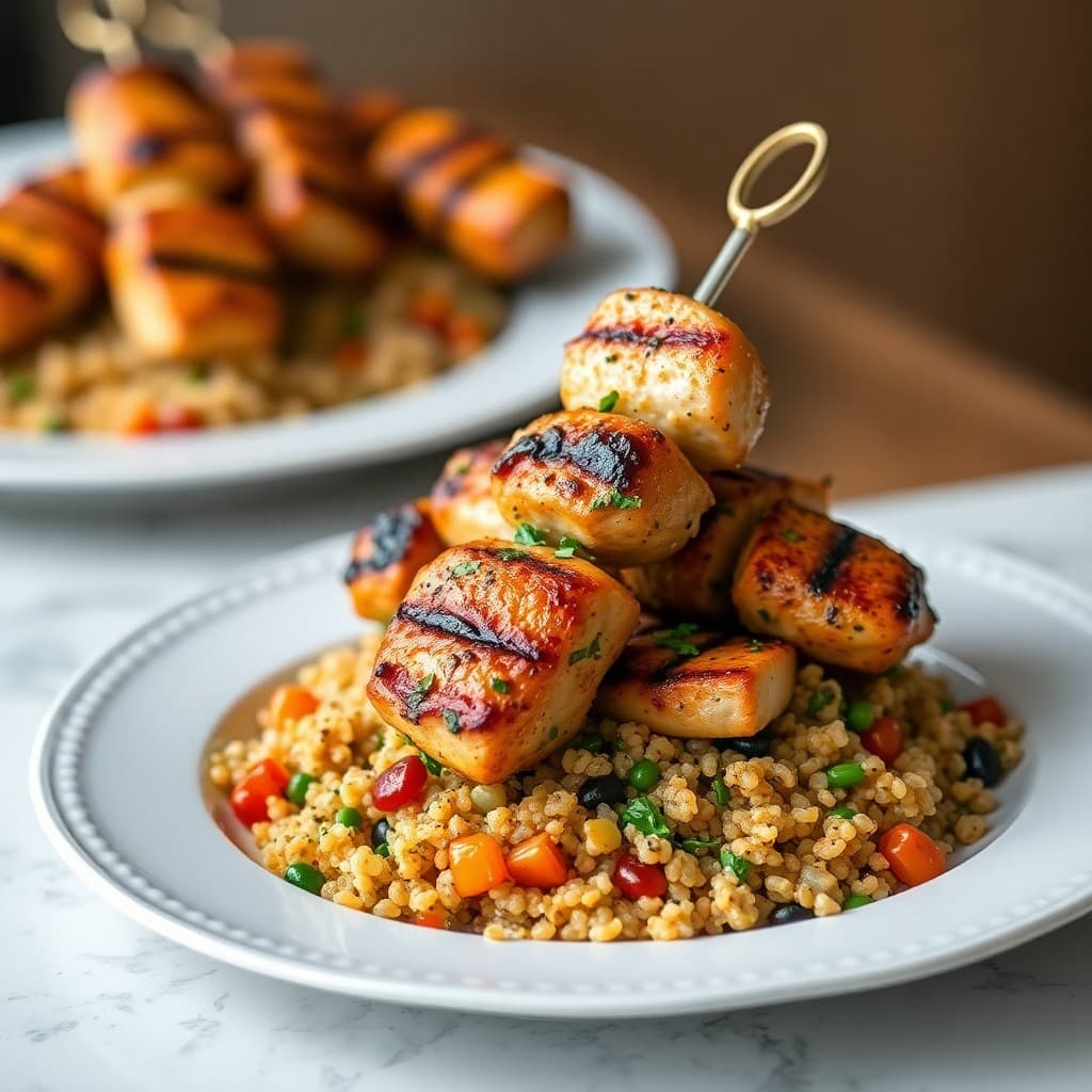 Sizzling Garlic-Herb Chicken Skewers with Roasted Veggie Quinoa
