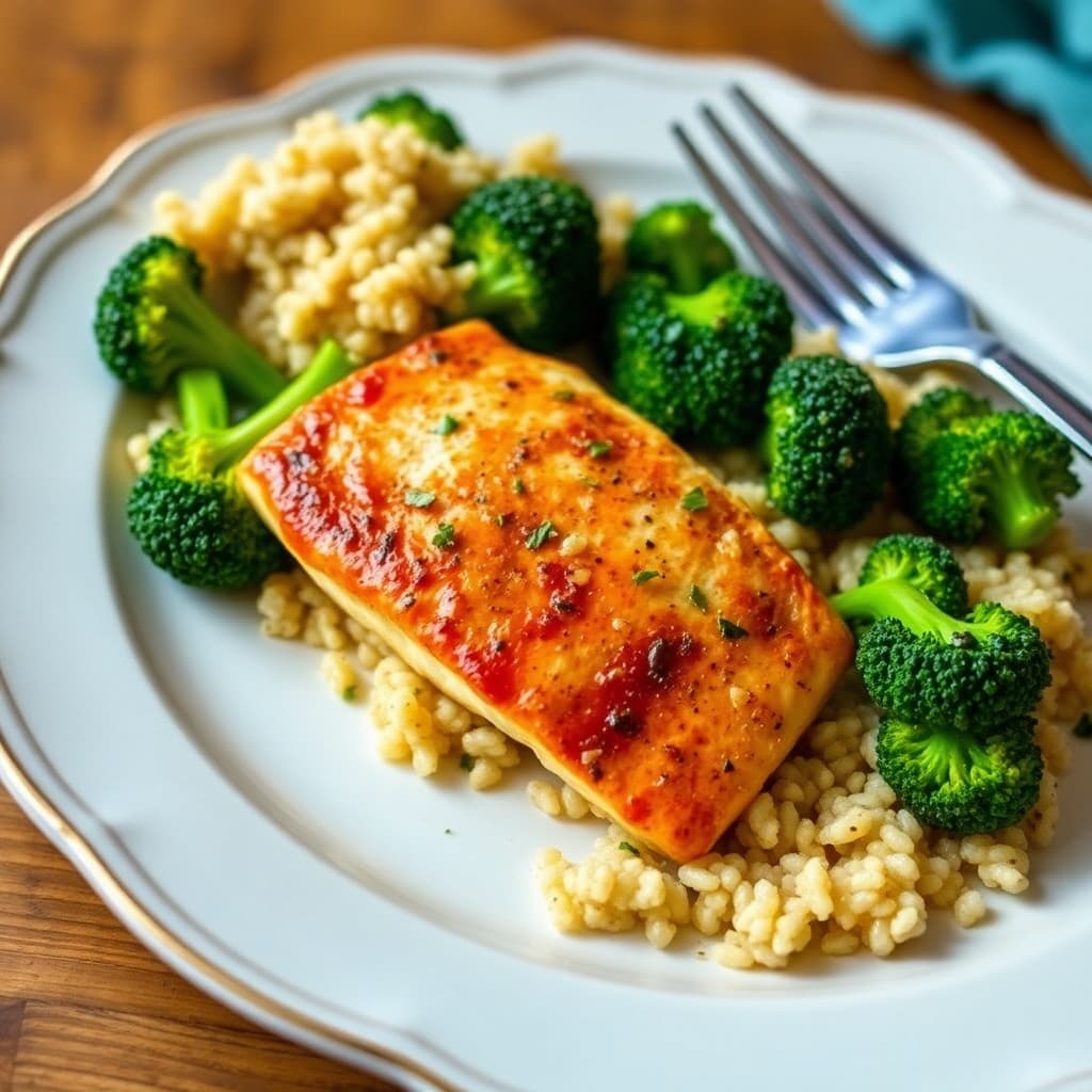 Seared Chili-Lime Tilapia with Roasted Garlic Broccoli and Quinoa