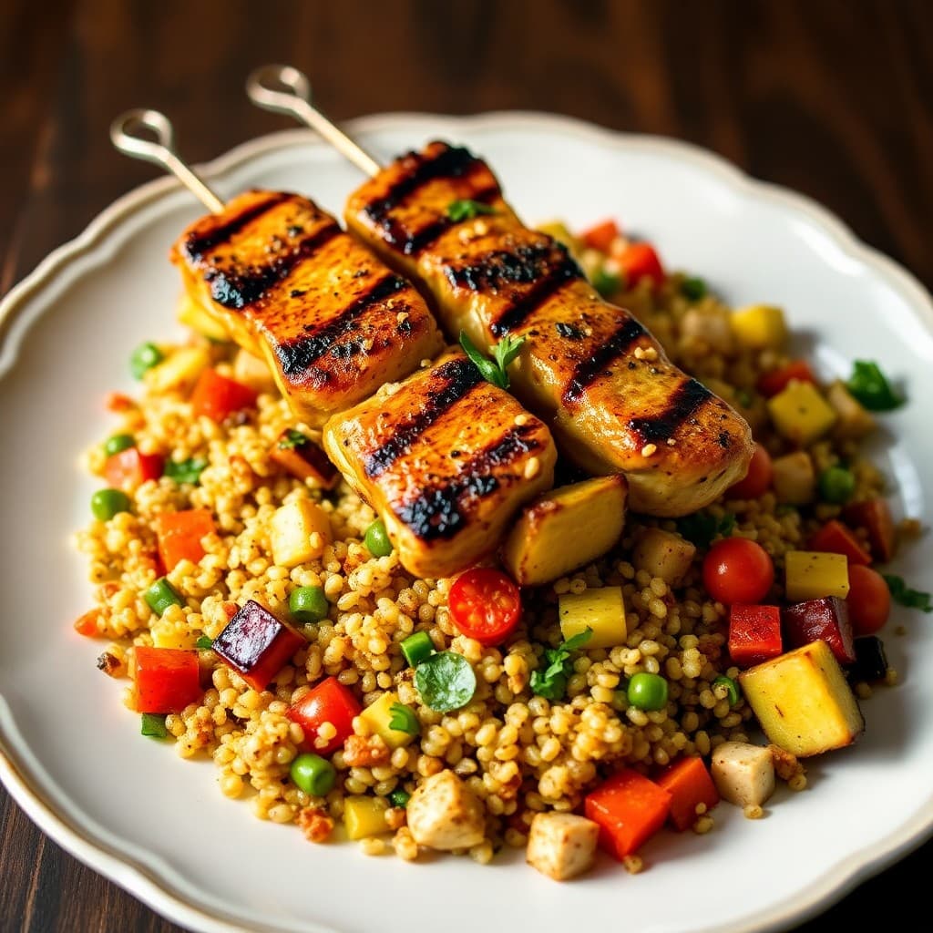 Grilled Lemon-Garlic Chicken Skewers with Roasted Vegetable Quinoa Salad