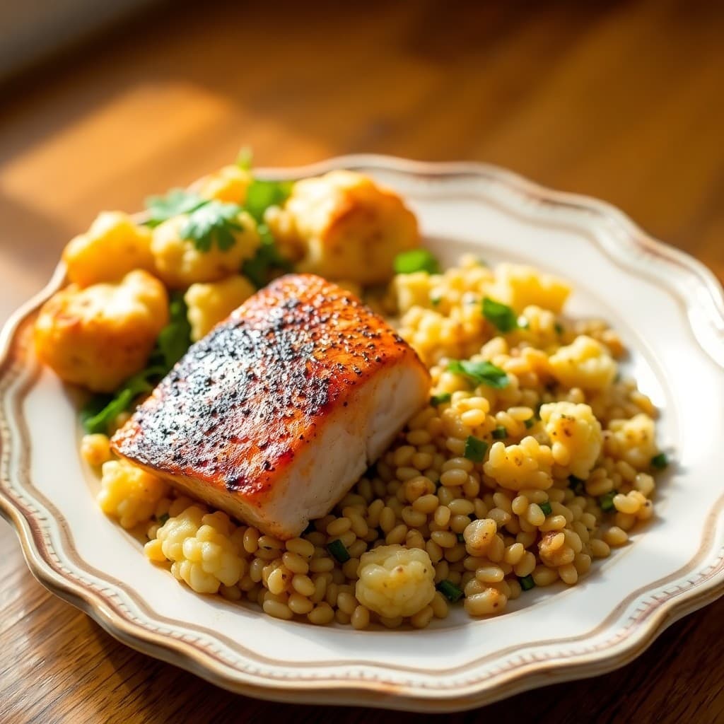 Seared Salmon with Roasted Garlic Cauliflower and Farro Salad
