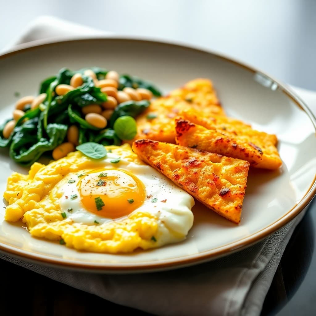 Italian Herb Scrambled Eggs with Crispy Polenta & Sautéed Spinach