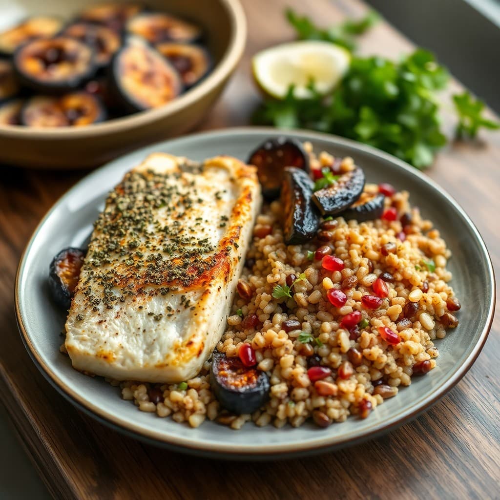 Turkish Herb-Crusted Sea Bass with Roasted Eggplant & Freekeh Pilaf