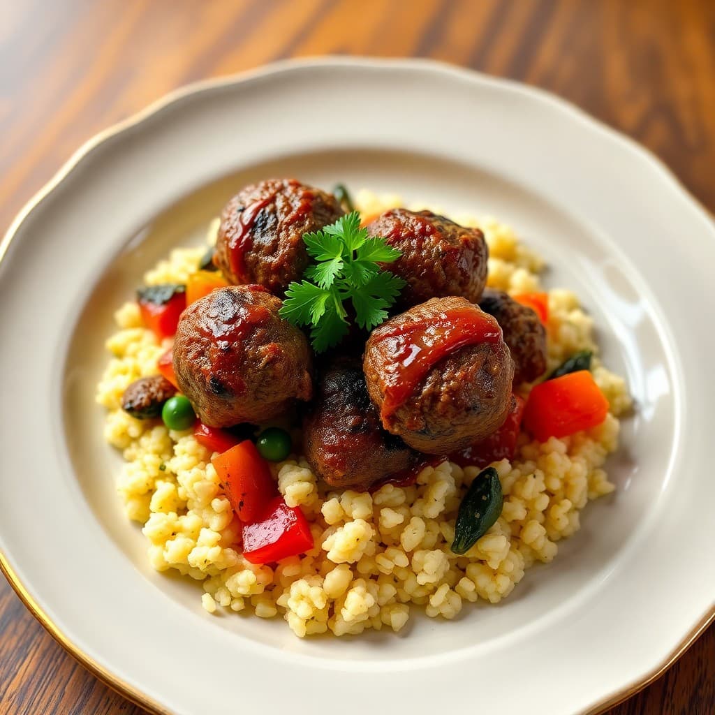 Fiery Moroccan Lamb Meatballs with Roasted Veggie Couscous