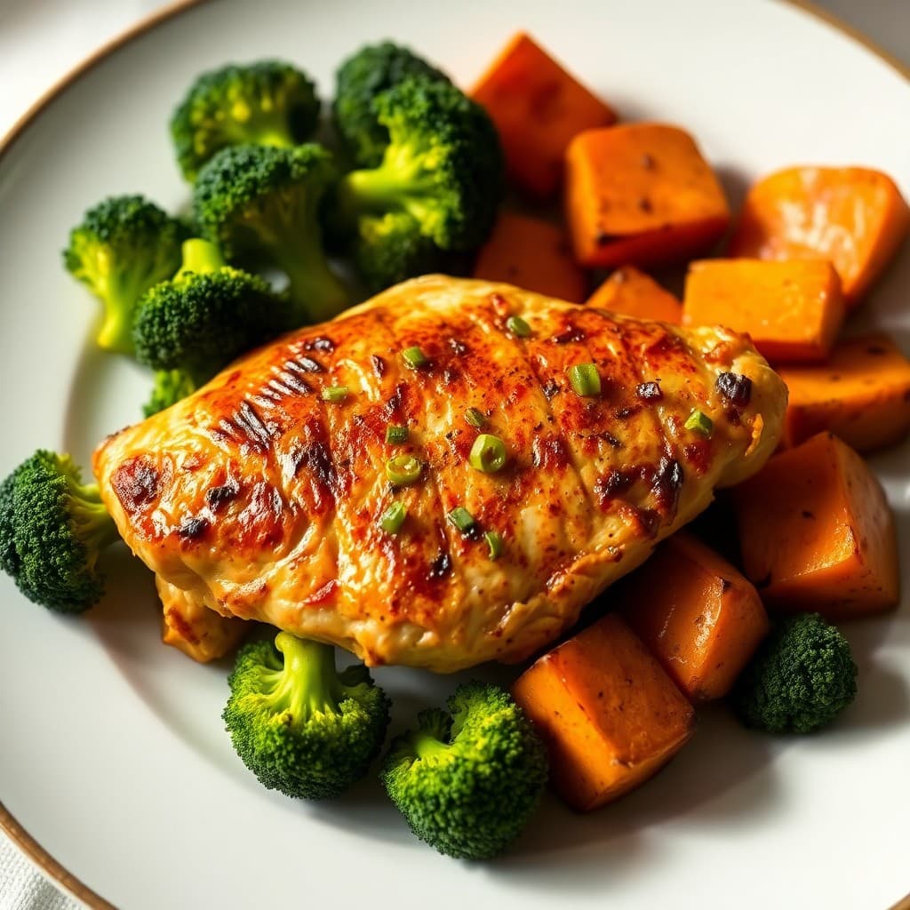 Lemon-Garlic Grilled Chicken with Roasted Sweet Potatoes and Broccoli