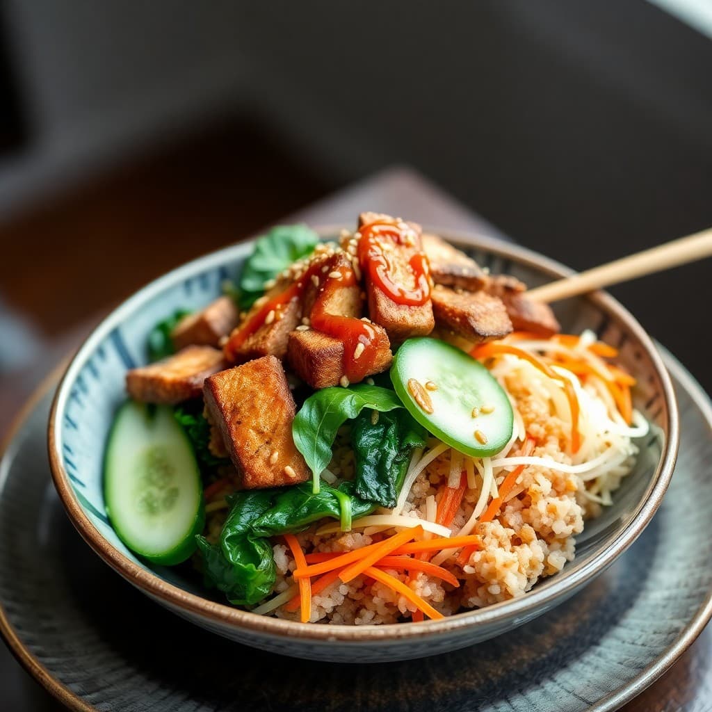 Korean Gochujang Seitan & Mushroom Bibimbap with Crispy Tofu