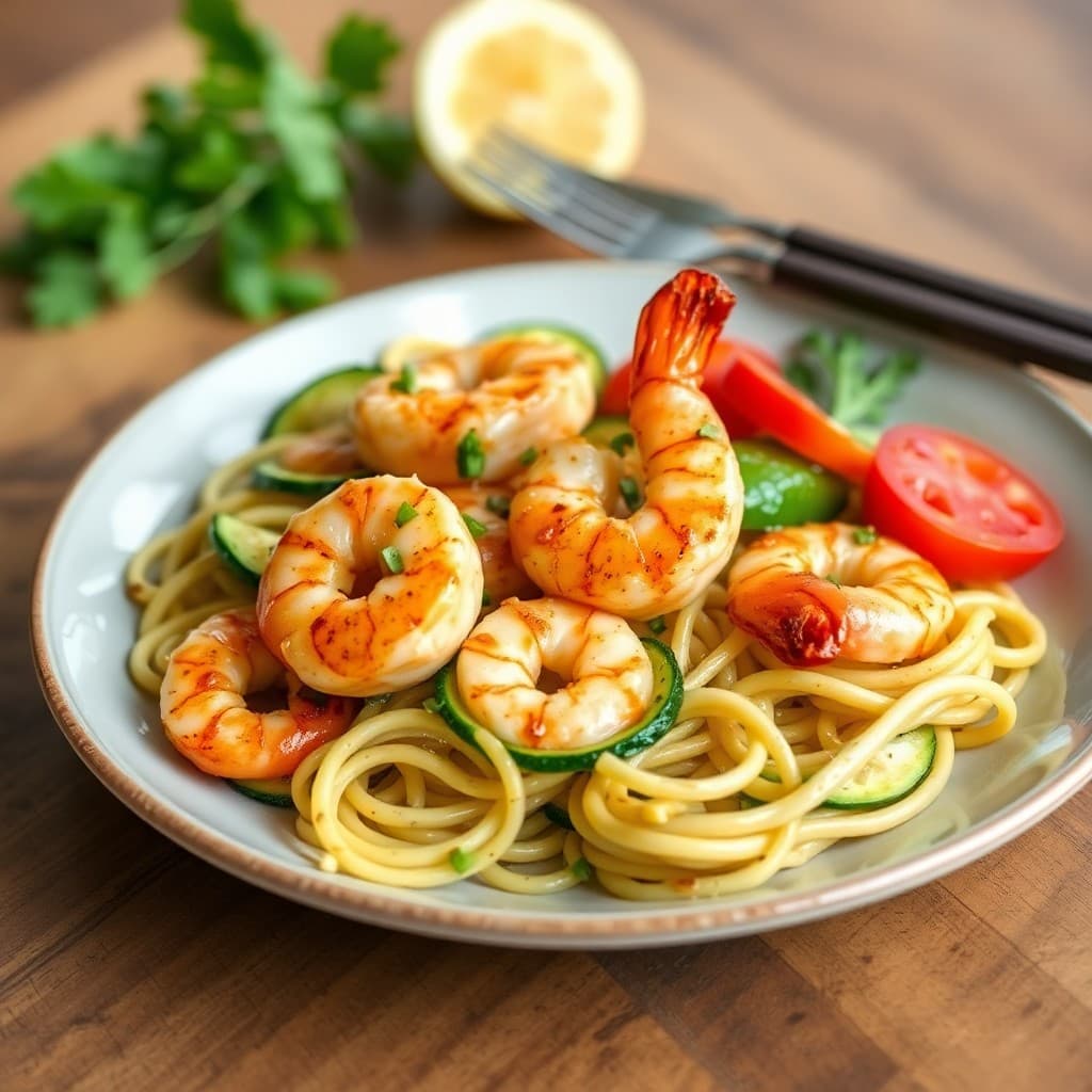 Seared Garlic Lime Shrimp with Zucchini Noodle Stir-Fry