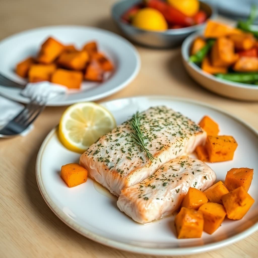 Lemon Herb Baked Salmon with Roasted Sweet Potatoes