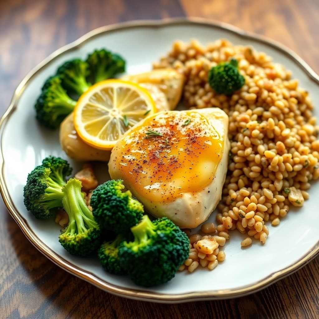 Baked Lemon-Garlic Chicken with Roasted Broccoli and Farro
