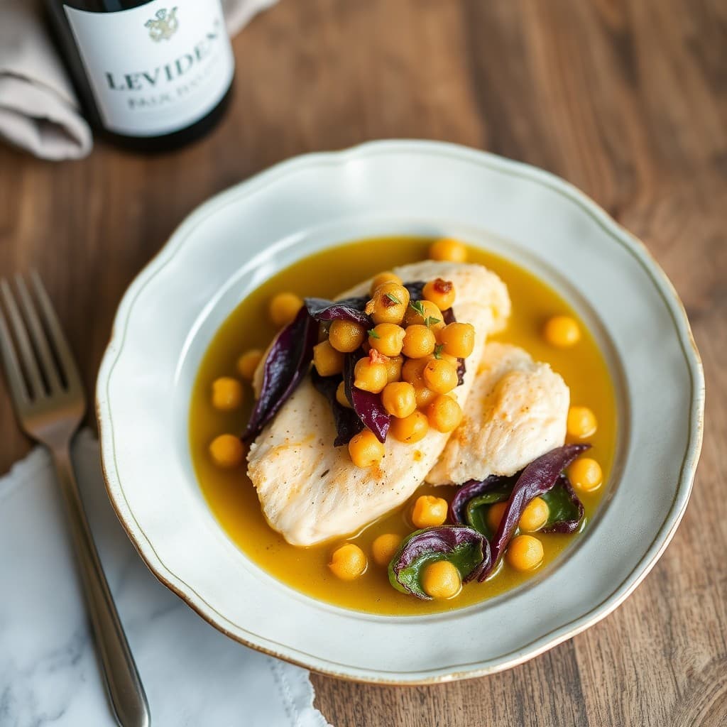Saffron-Poached Chicken with Crispy Chickpea Croutons & Charred Radicchio