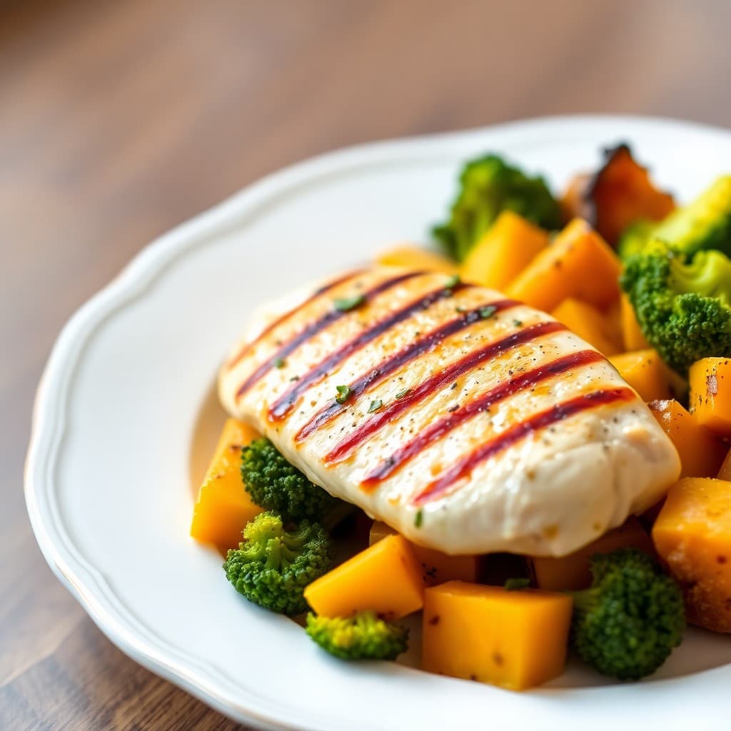 Grilled Lemon-Garlic Chicken with Roasted Butternut Squash and Broccoli