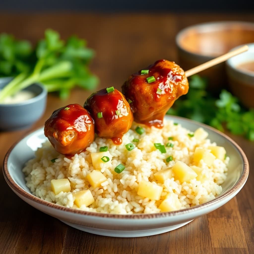 Teriyaki Chicken Meatball Skewers with Pineapple Rice