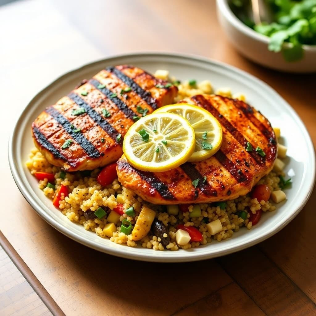 Grilled Lemon Herb Chicken with Roasted Veggie Quinoa