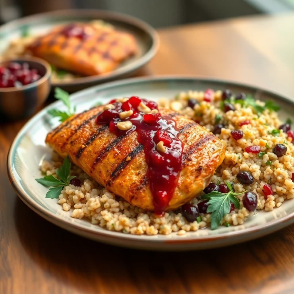 Turkish-Spiced Grilled Chicken with Pomegranate-Walnut Sauce & Herbed Bulgur Pilaf