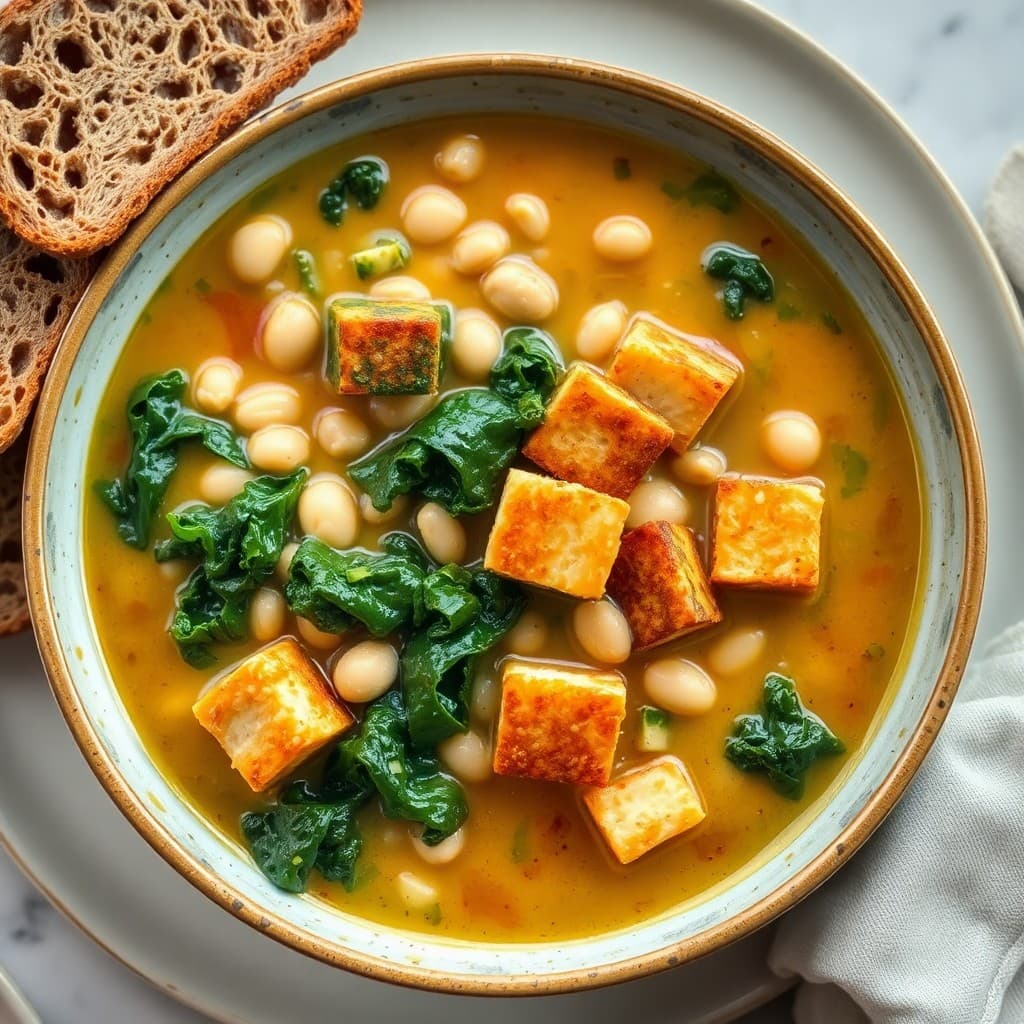 Portuguese White Bean & Kale Soup with Crispy Tempeh Croutons