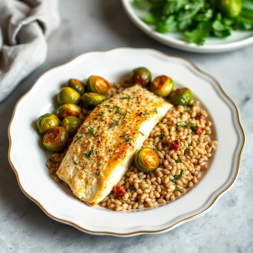 Garlic Herb Baked Tilapia with Roasted Brussels Sprouts and Barley