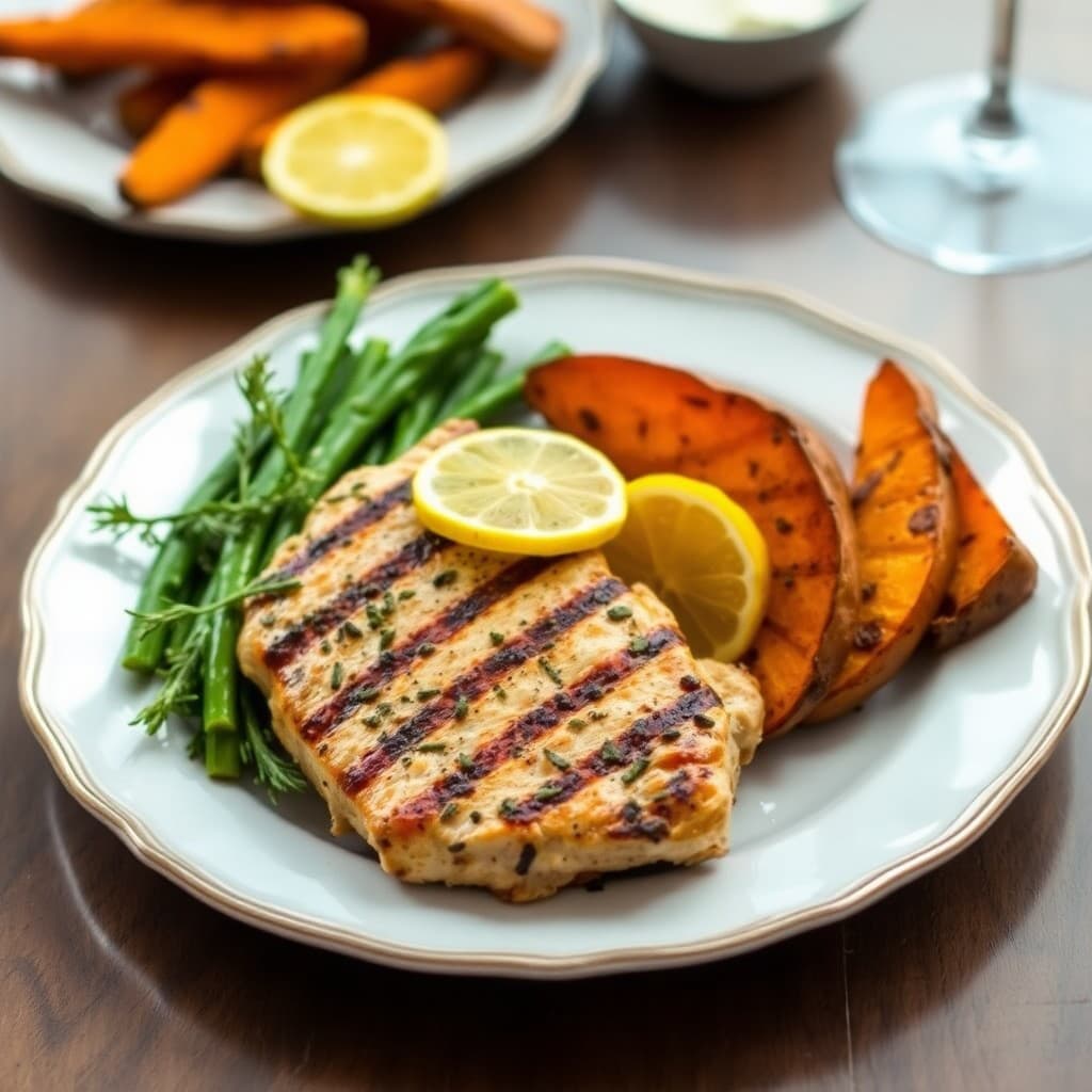 Grilled Lemon-Herb Chicken with Roasted Sweet Potato Wedges