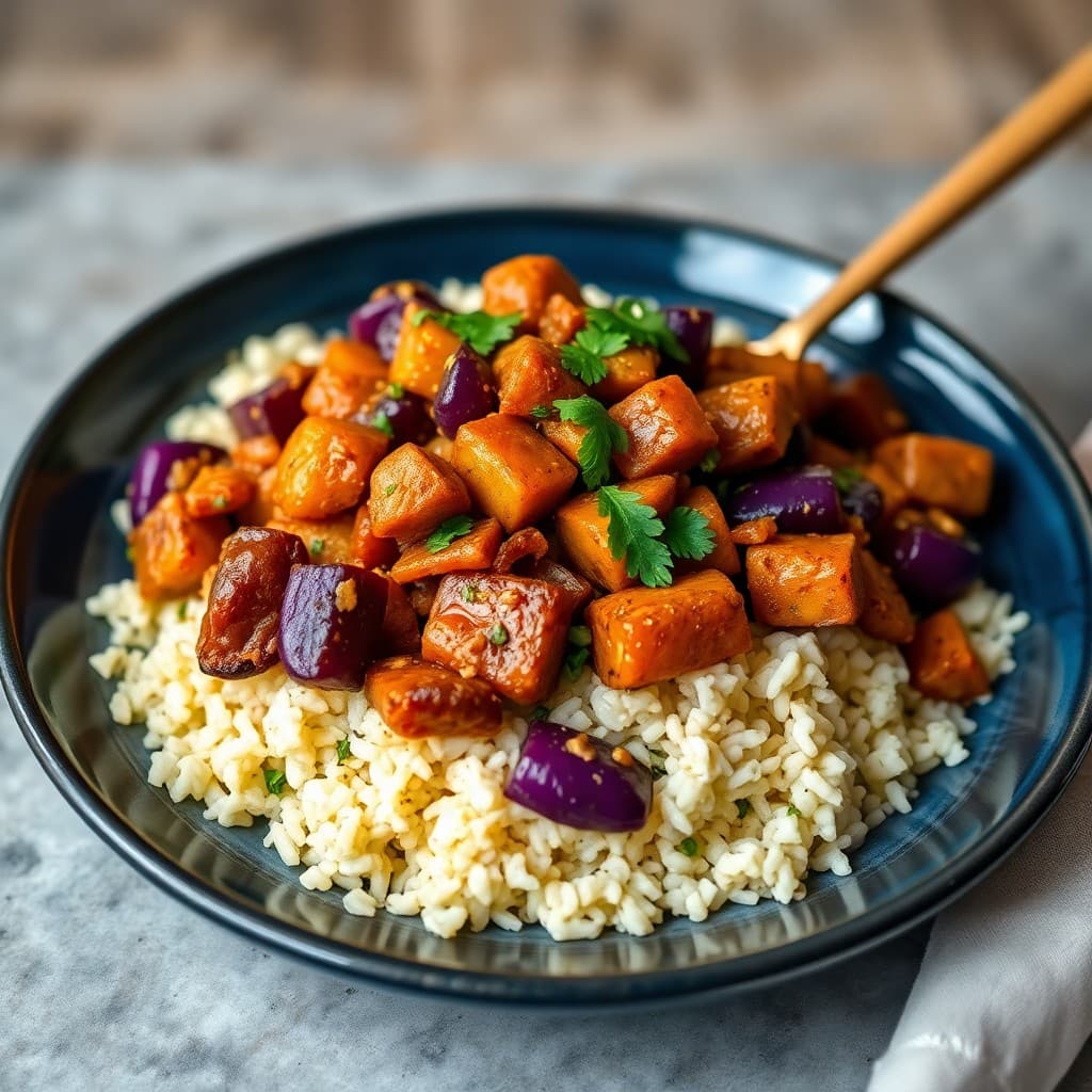 Peruvian Purple Potato & Tempeh Saltado with Cilantro-Lime Rice