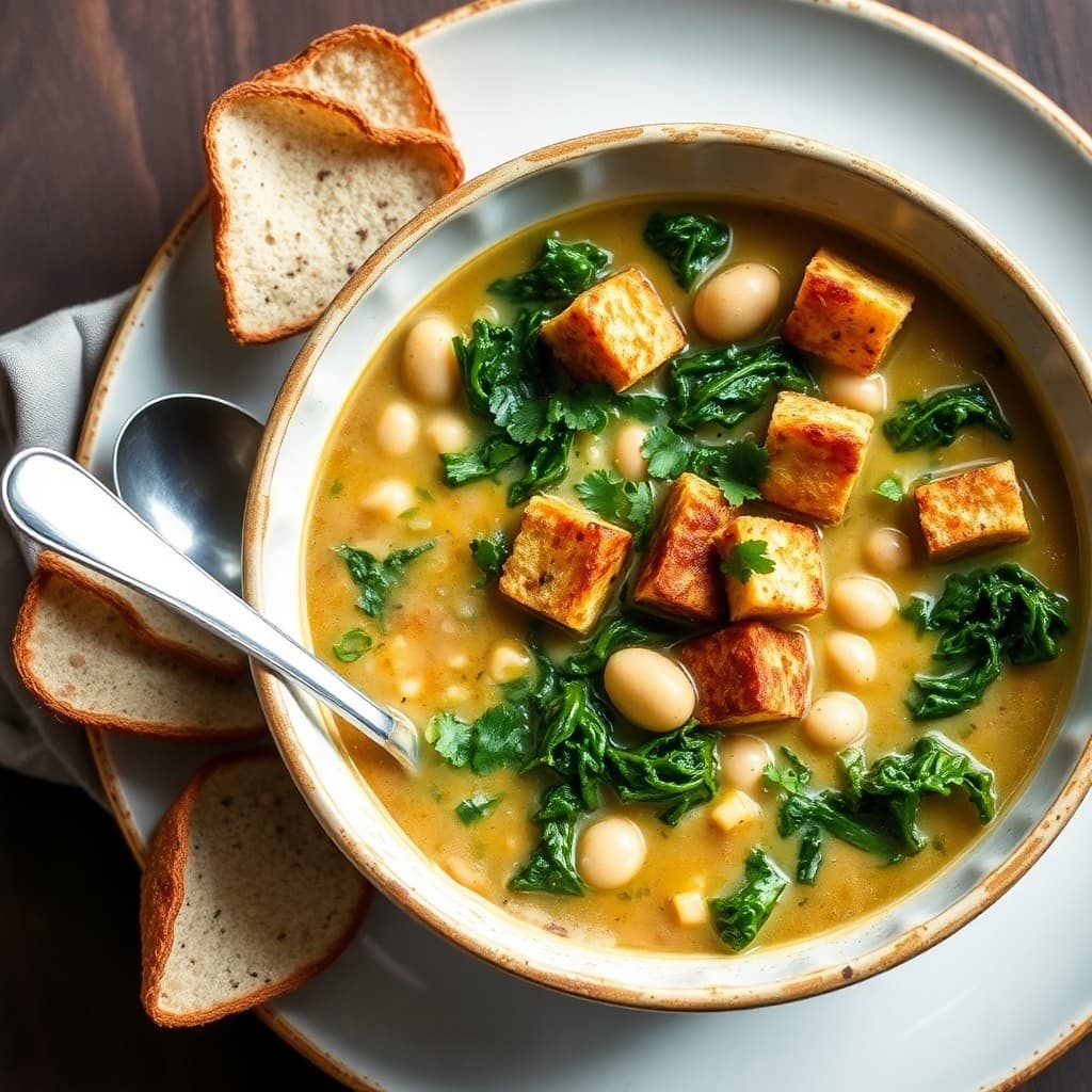 Portuguese-Inspired White Bean & Kale Soup with Crispy Seitan Croutons