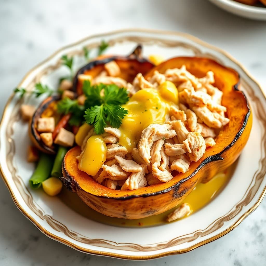 Roasted Acorn Squash with Garlic Butter and Shredded Chicken