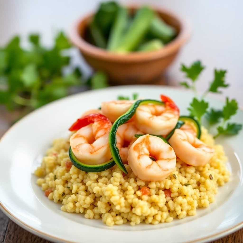 Sautéed Shrimp and Zucchini Ribbons with Garlic Lemon Quinoa