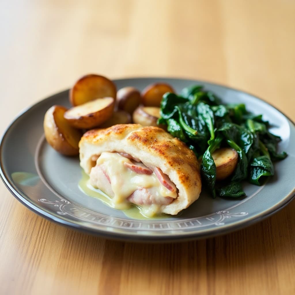 Ham and Gruyère Stuffed Chicken with Roasted Fingerling Potatoes & Sautéed Spinach