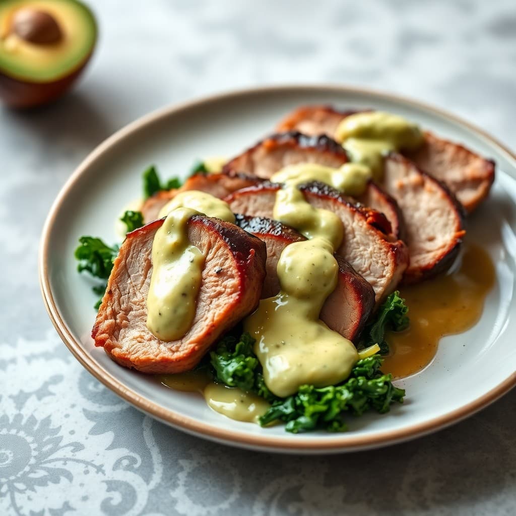 Roasted Pork Tenderloin with Sautéed Kale and Creamy Avocado Sauce