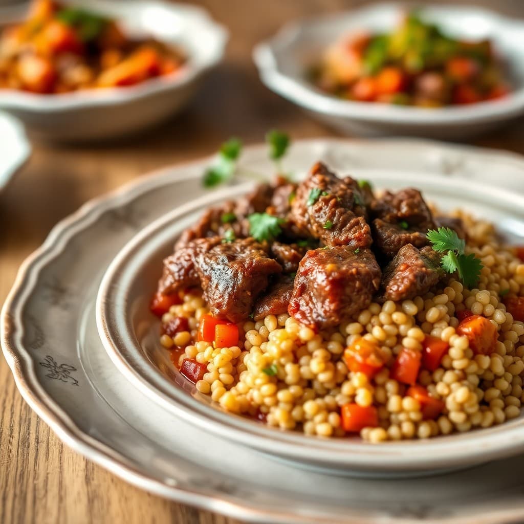Moroccan Spiced Beef Tagine with Roasted Vegetable Couscous