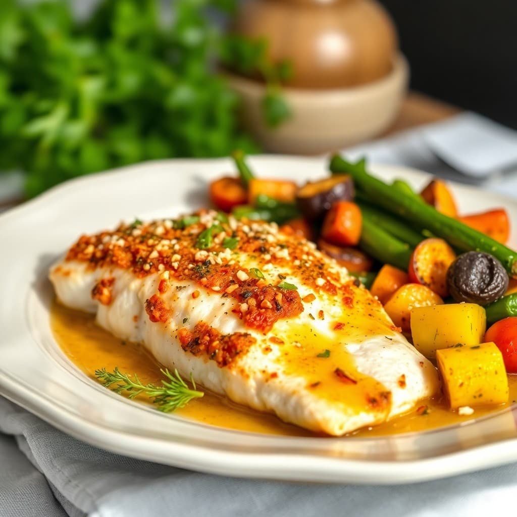 Mediterranean Baked Tilapia with Garlic Roasted Veggies