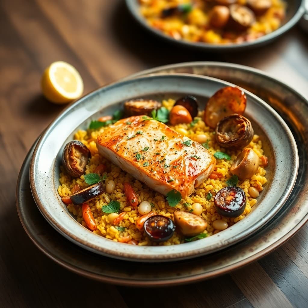 Traditional Spanish Seafood Paella with Saffron-Kissed Bomba Rice & Charred Artichoke Hearts