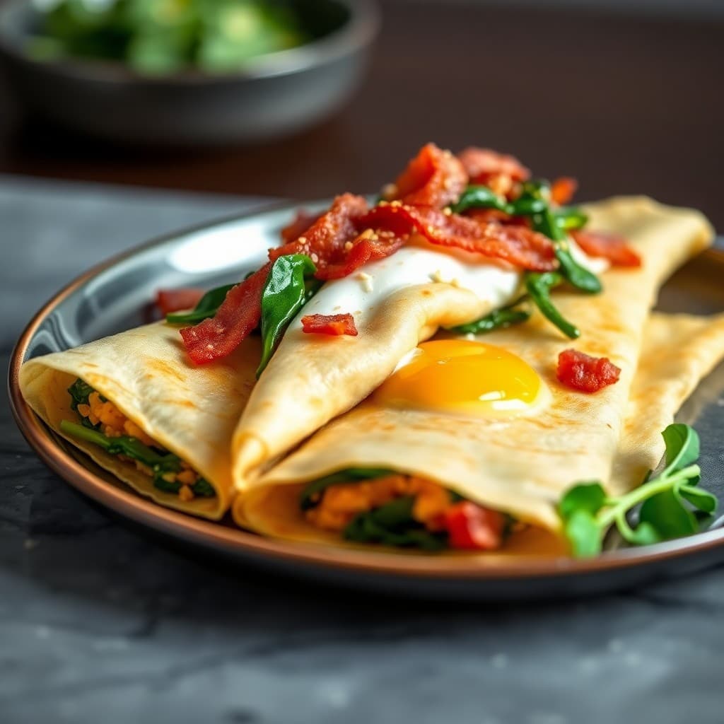 Korean Gochujang Egg Crepes with Sesame Spinach and Crispy Bacon