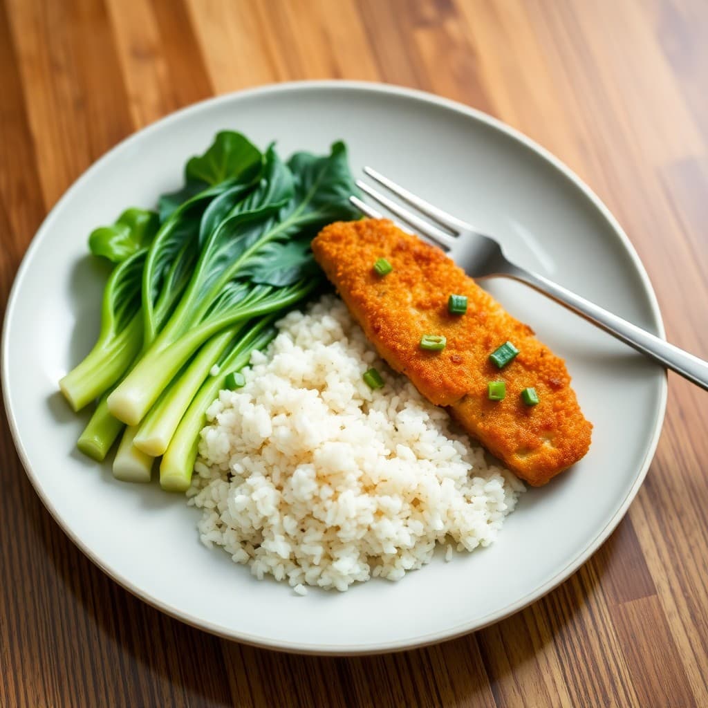 Asian-Style Crispy Pork Katsu with Ginger-Scallion Rice & Steamed Bok Choy