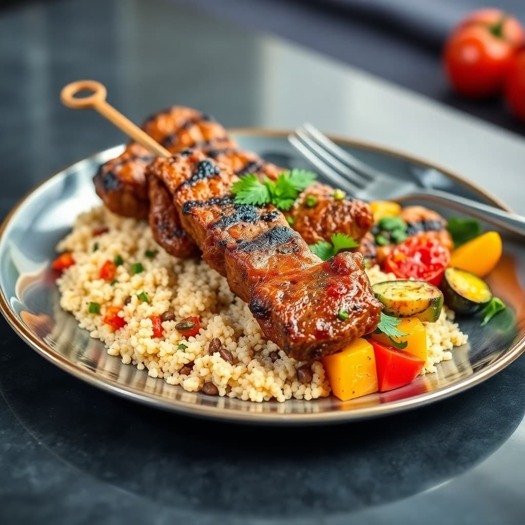 Moroccan Spiced Lamb Kebabs with Bulgur and Roasted Vegetable Salad