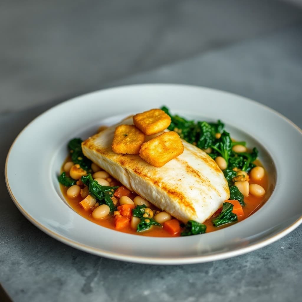 Portuguese Pan-Seared Sea Bass with White Bean & Kale Ragù and Crispy Polenta Croutons