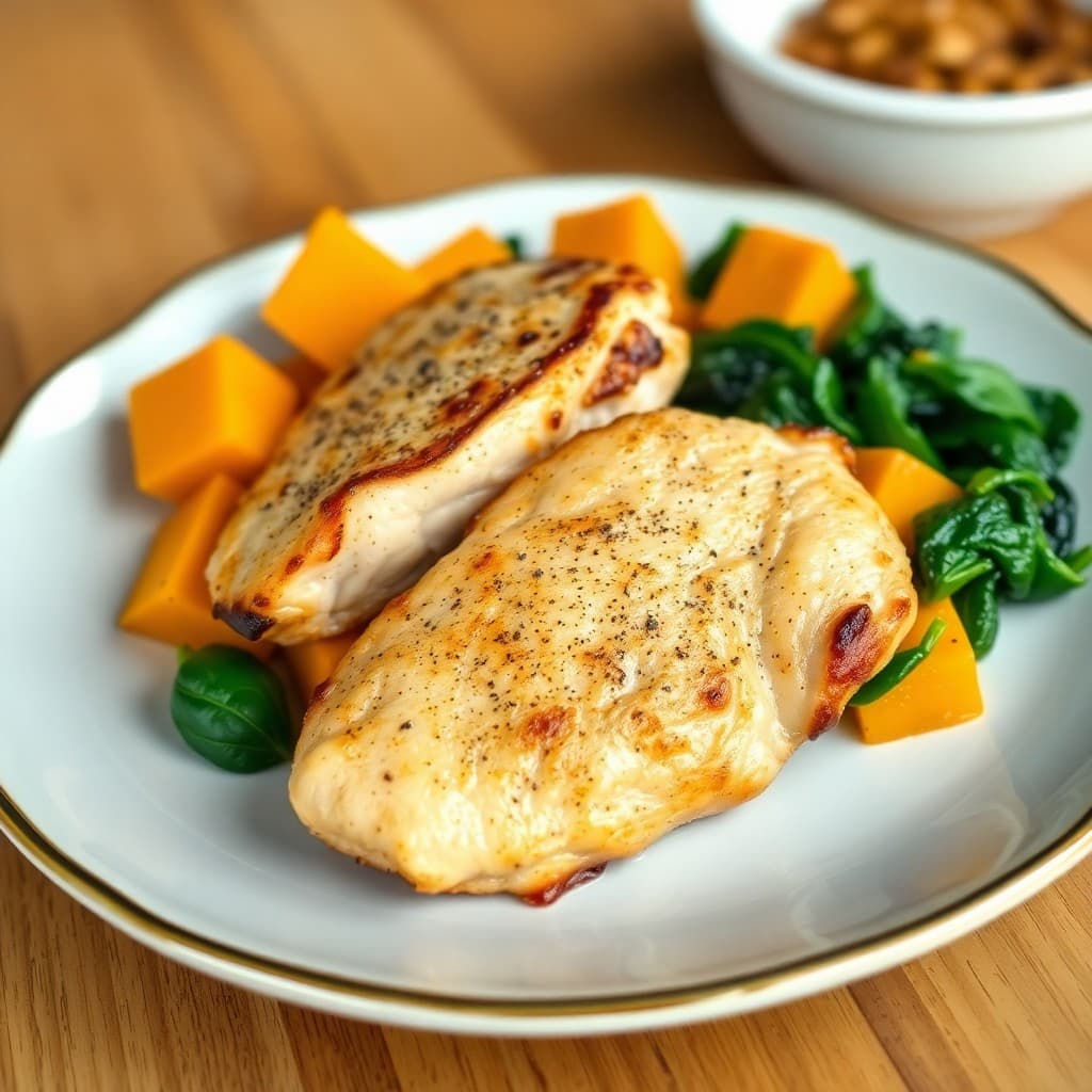 Seared Chicken Thighs with Roasted Butternut Squash and Spinach