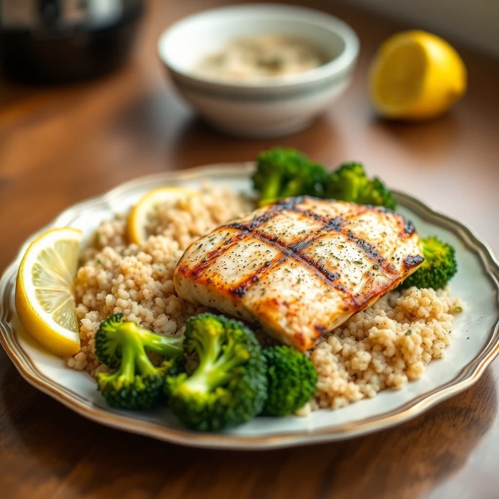 Grilled Lemon-Herb Chicken with Roasted Broccoli and Quinoa