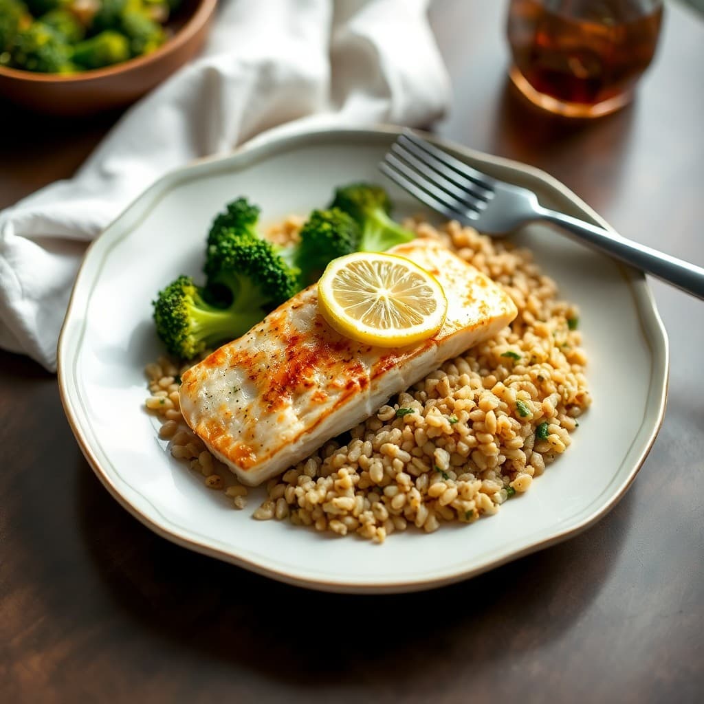 Seared Lemon-Garlic Halibut with Roasted Broccoli and Farro