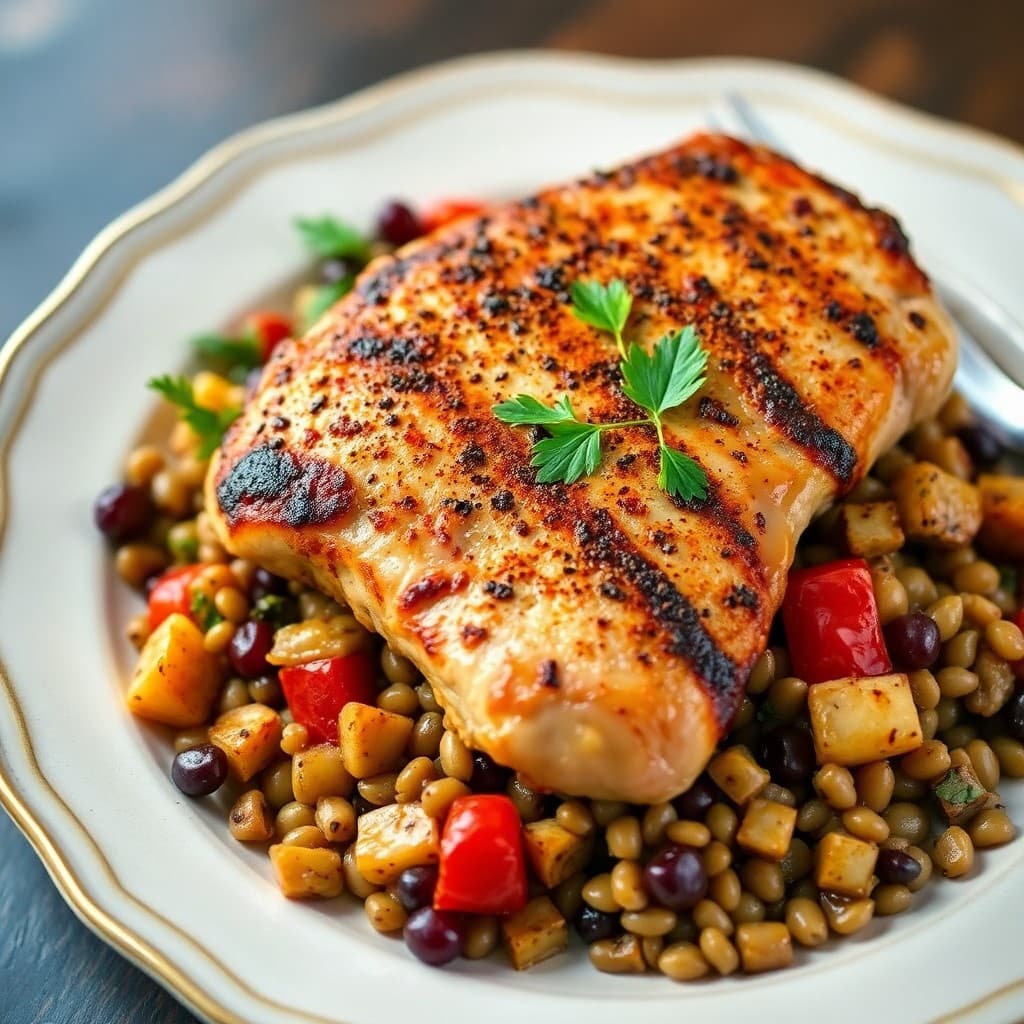 Moroccan Spiced Seared Chicken with Lentil and Roasted Vegetable Salad