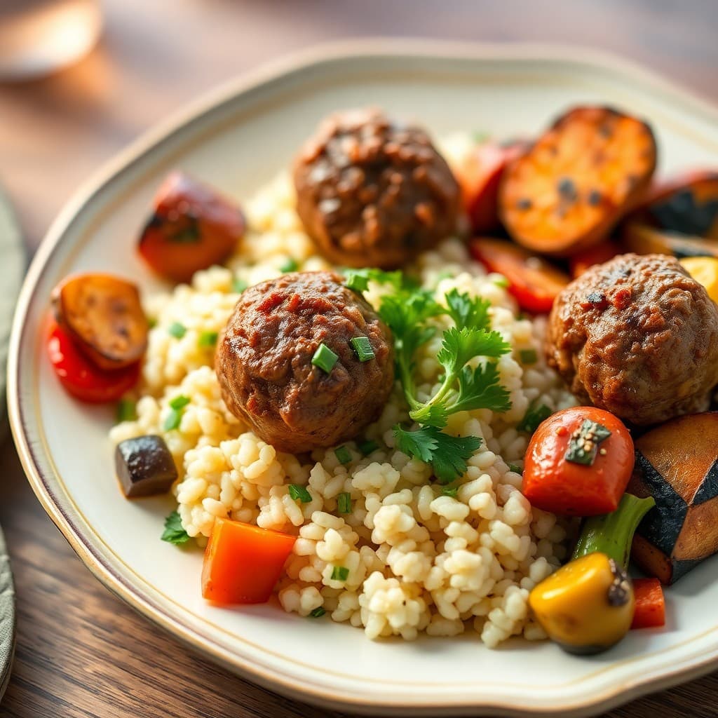 Moroccan Spiced Lamb Meatballs with Couscous and Roasted Vegetables