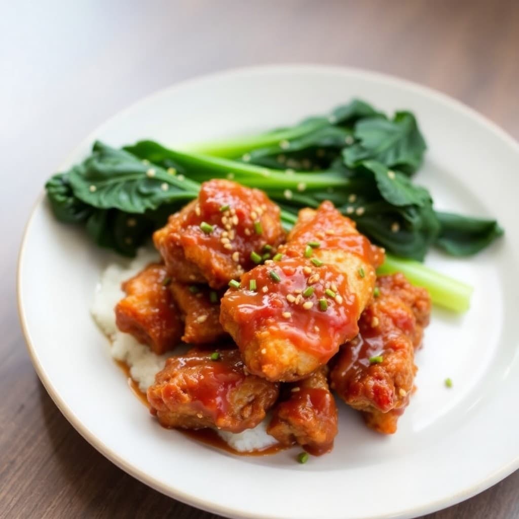 Crispy Korean Fried Chicken with Gochujang Glaze & Sesame Bok Choy
