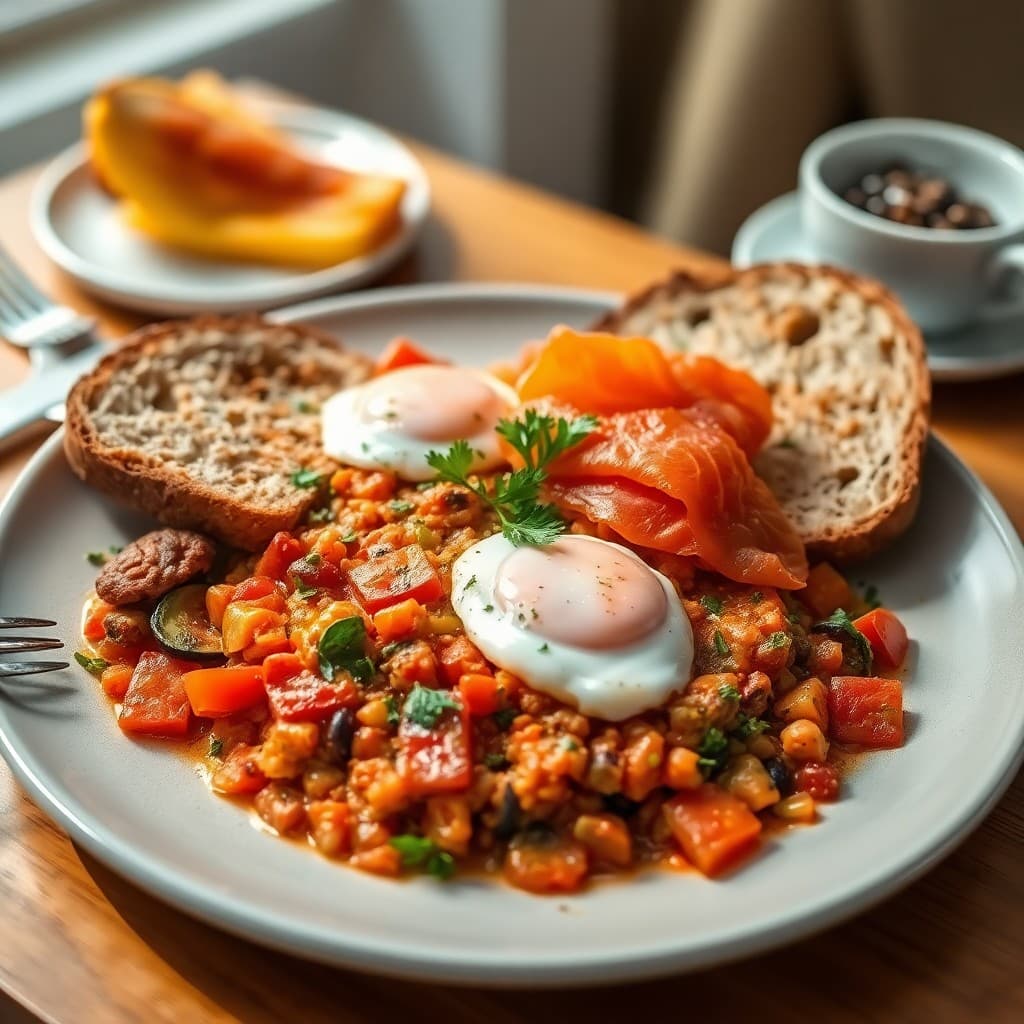 Turkish Menemen with Smoked Salmon & Whole Grain Toast