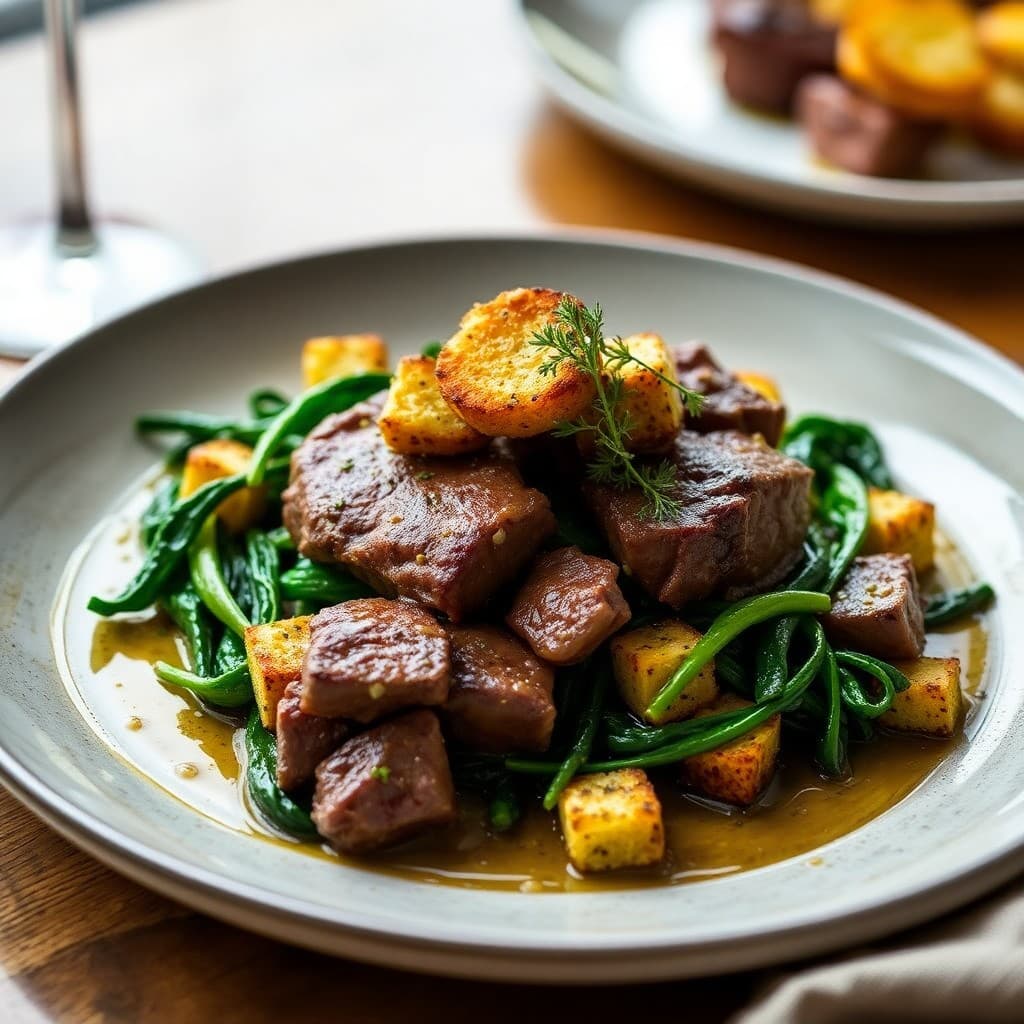 Pan-Seared Lamb Liver with Charred Chicory & Crispy Polenta Croutons
