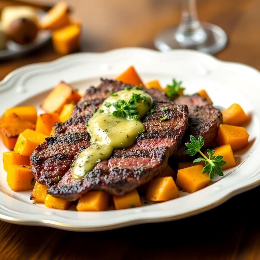 Roasted Butternut Squash with Seared Steak and Garlic-Herb Butter