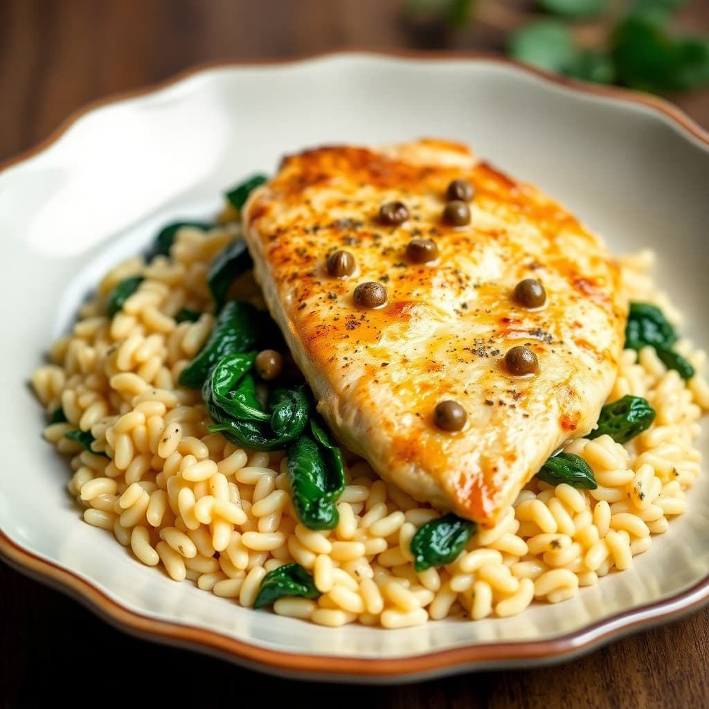 Italian Pan-Seared Chicken Piccata with Creamy Lemon Orzo & Sautéed Spinach