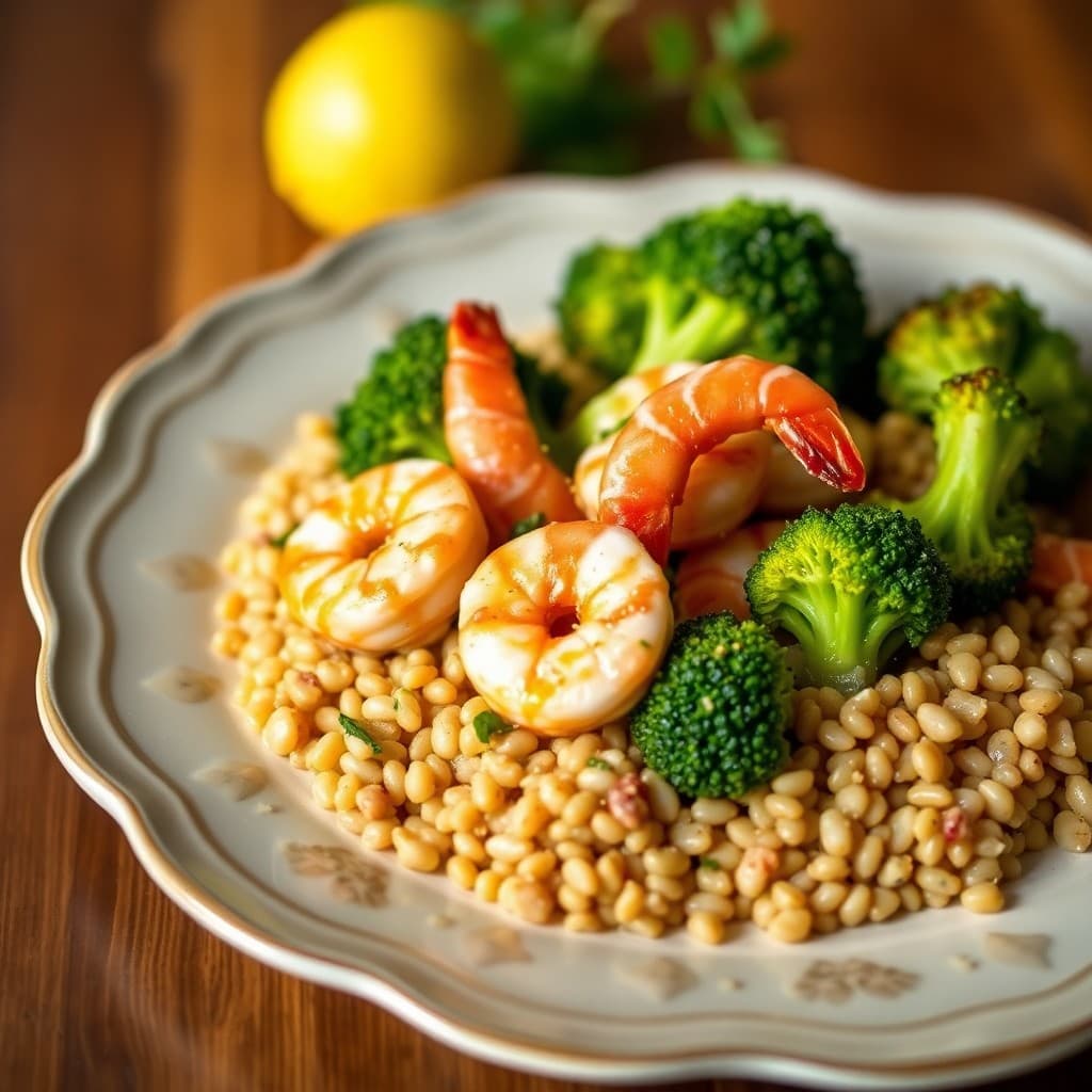 Seared Garlic Lemon Shrimp with Roasted Broccoli and Farro