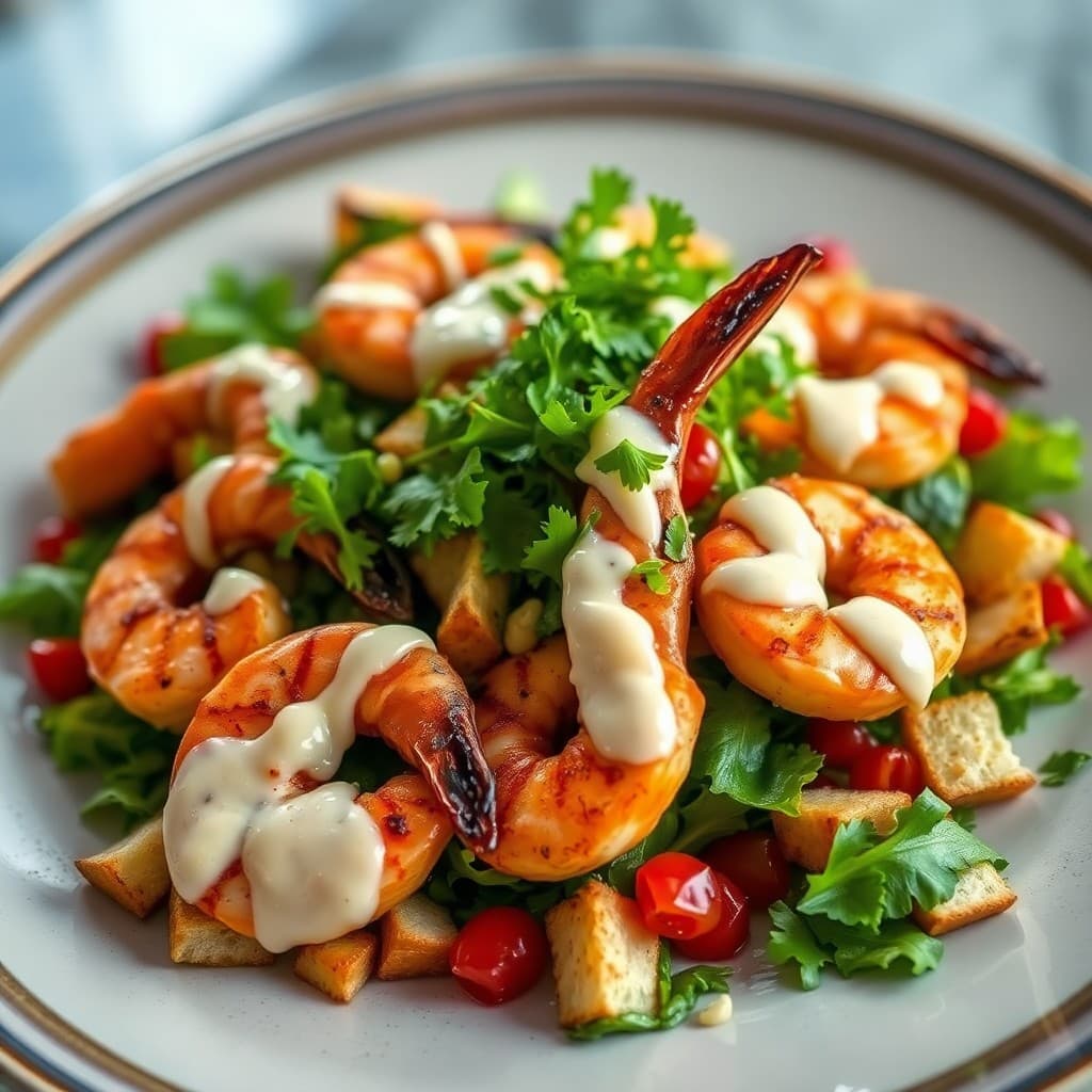 Lebanese Spiced Shrimp Fattoush with Crispy Pita Croutons & Tahini Drizzle