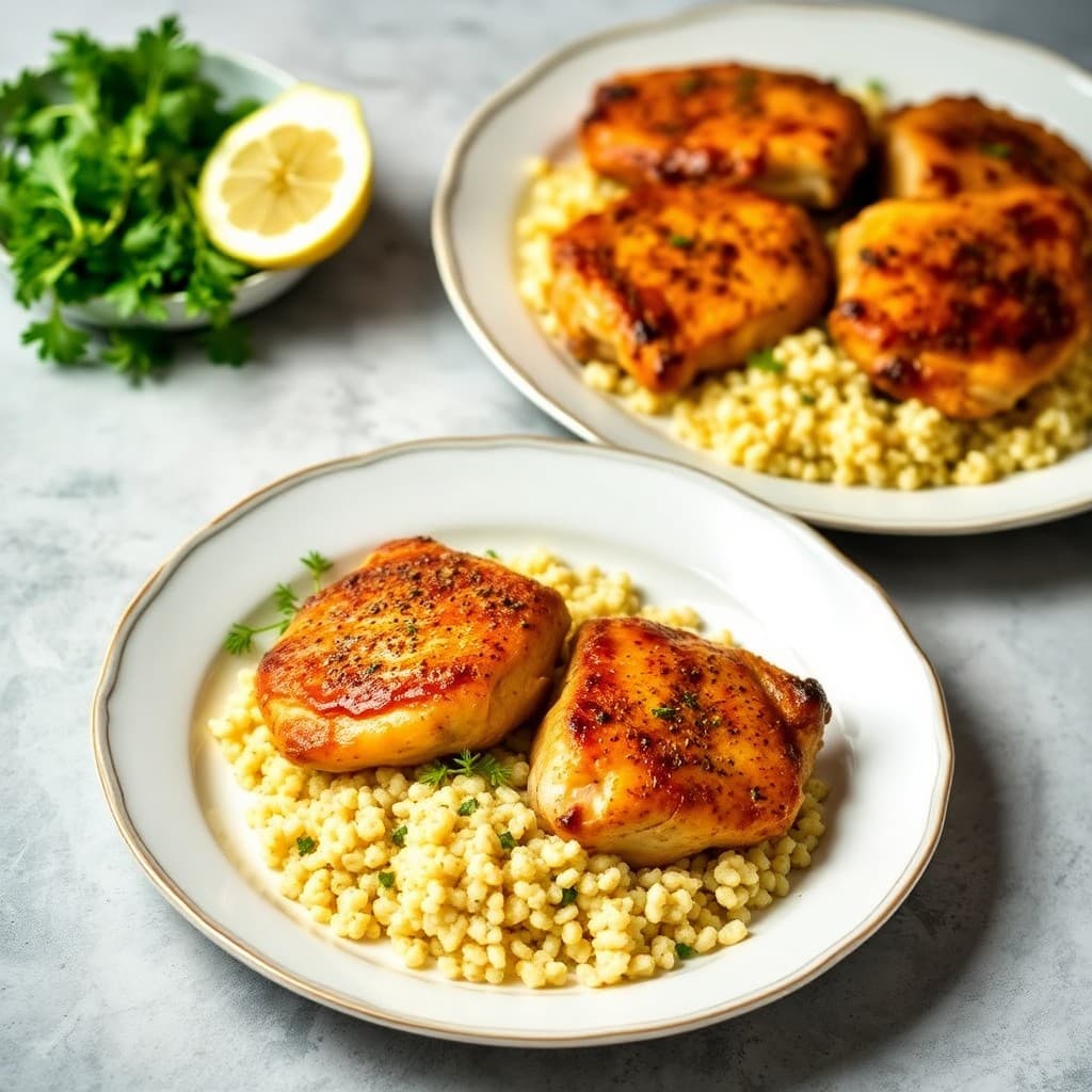 Mediterranean Baked Chicken Thighs with Lemony Couscous