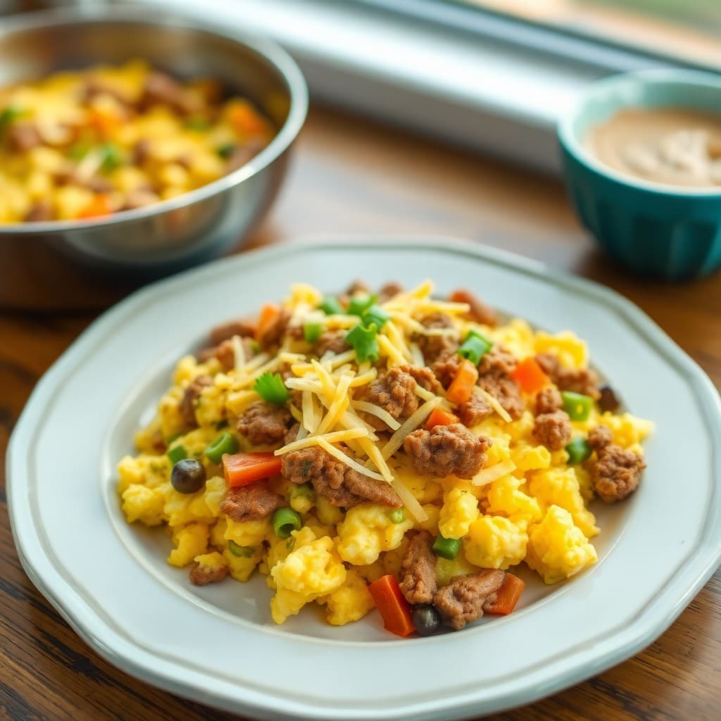 Cheesy Beef and Veggie Scramble