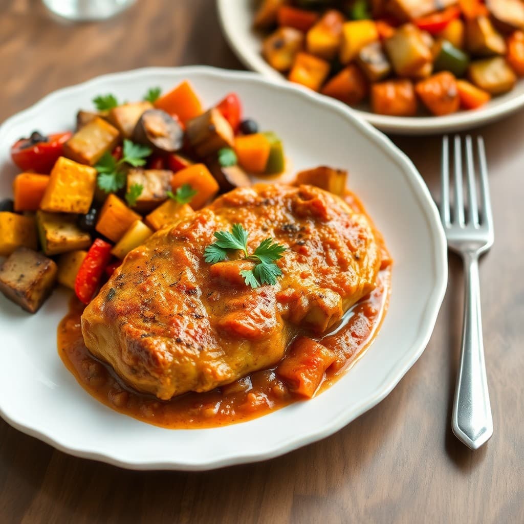 Moroccan Spiced Chicken Tagine with Roasted Vegetable Medley
