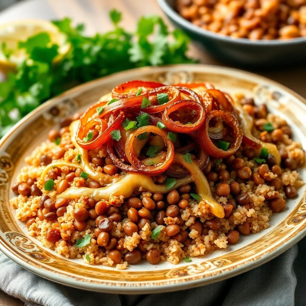 Lebanese Mujadara with Crispy Seitan & Caramelized Onion Garnish