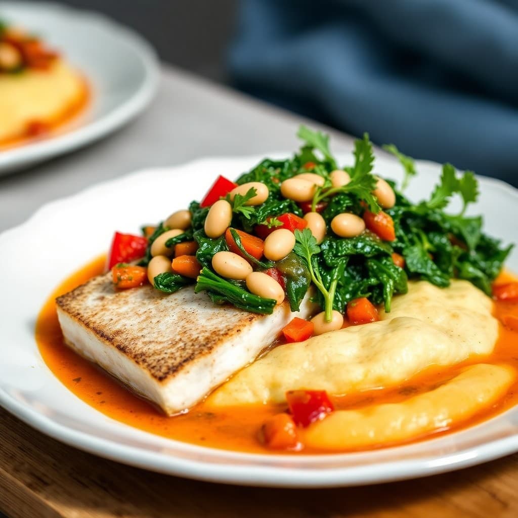 Montenegrin Pan-Seared Sea Bass with White Bean & Kale Sofrito